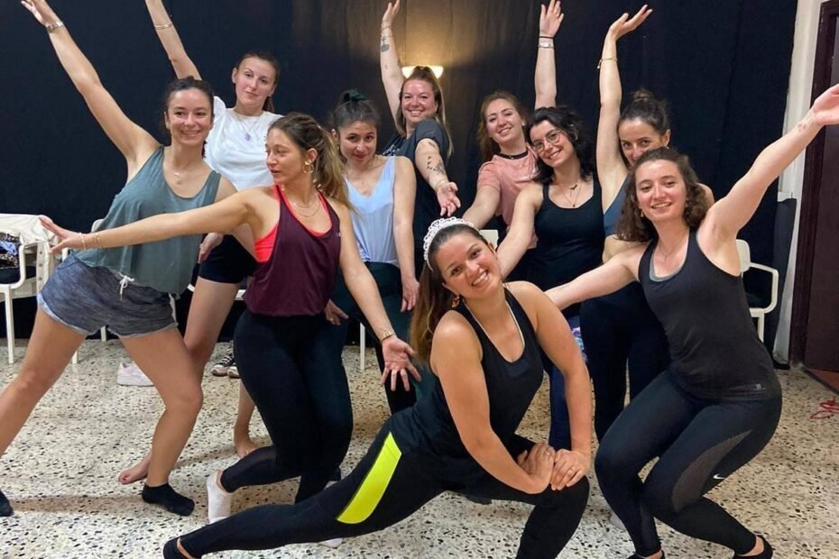 Group of friends for a bachelorette party in barcelona - class of zumba